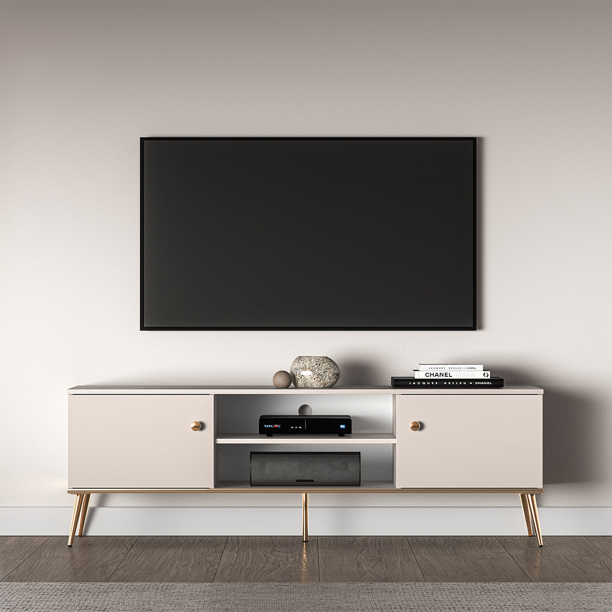 Meuble TV 2 portes 160 cm Olivia Cachemire et Doré - vue 3