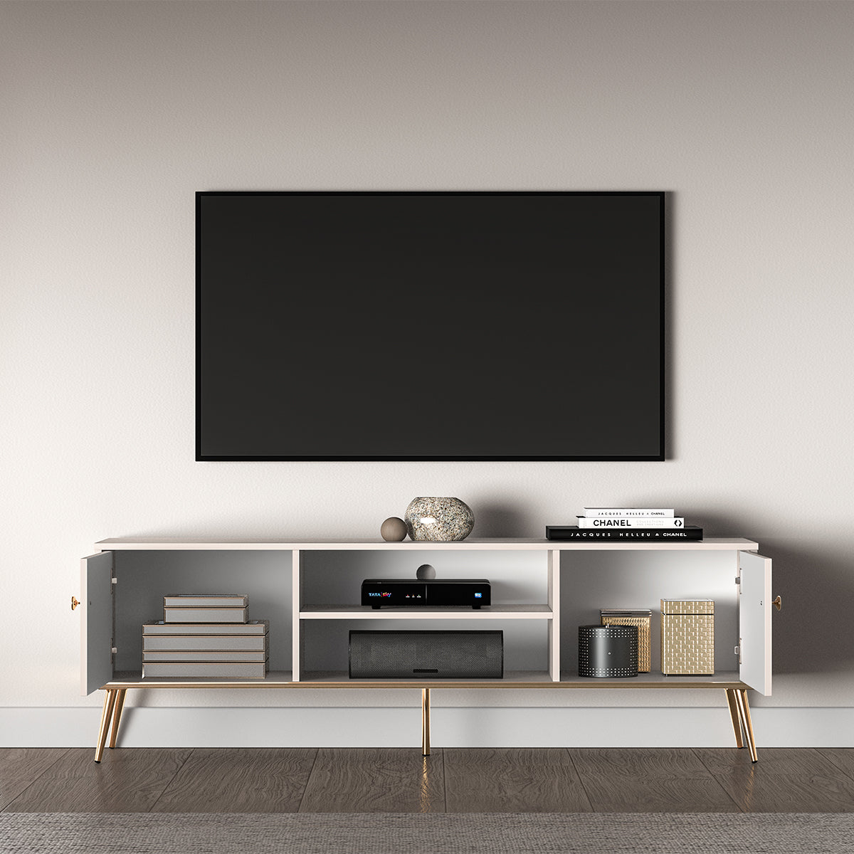 Meuble TV 2 portes 160 cm Olivia Cachemire et Doré - vue 4