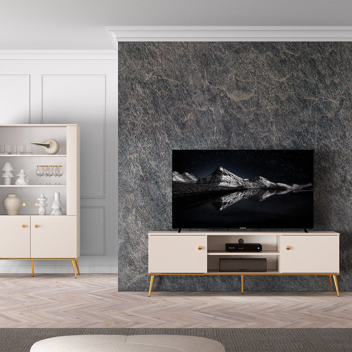 Meuble TV 2 portes 160 cm Olivia Cachemire et Doré - vue 6