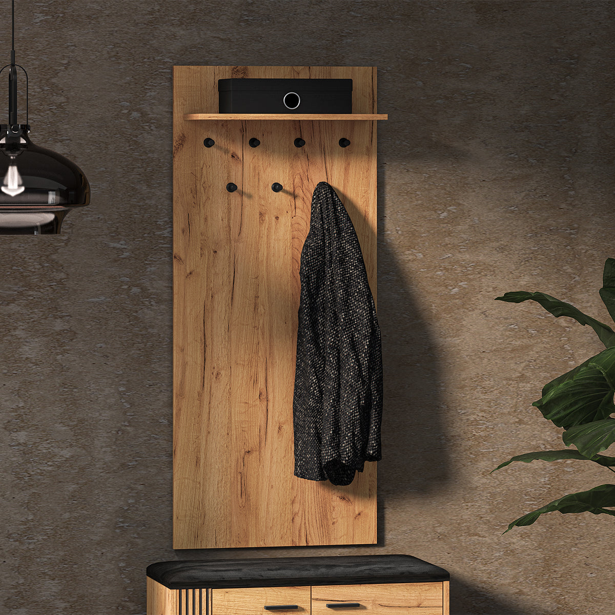 Porte-manteau mural 7 patères 1 étagère Nilo Bois - vue 3