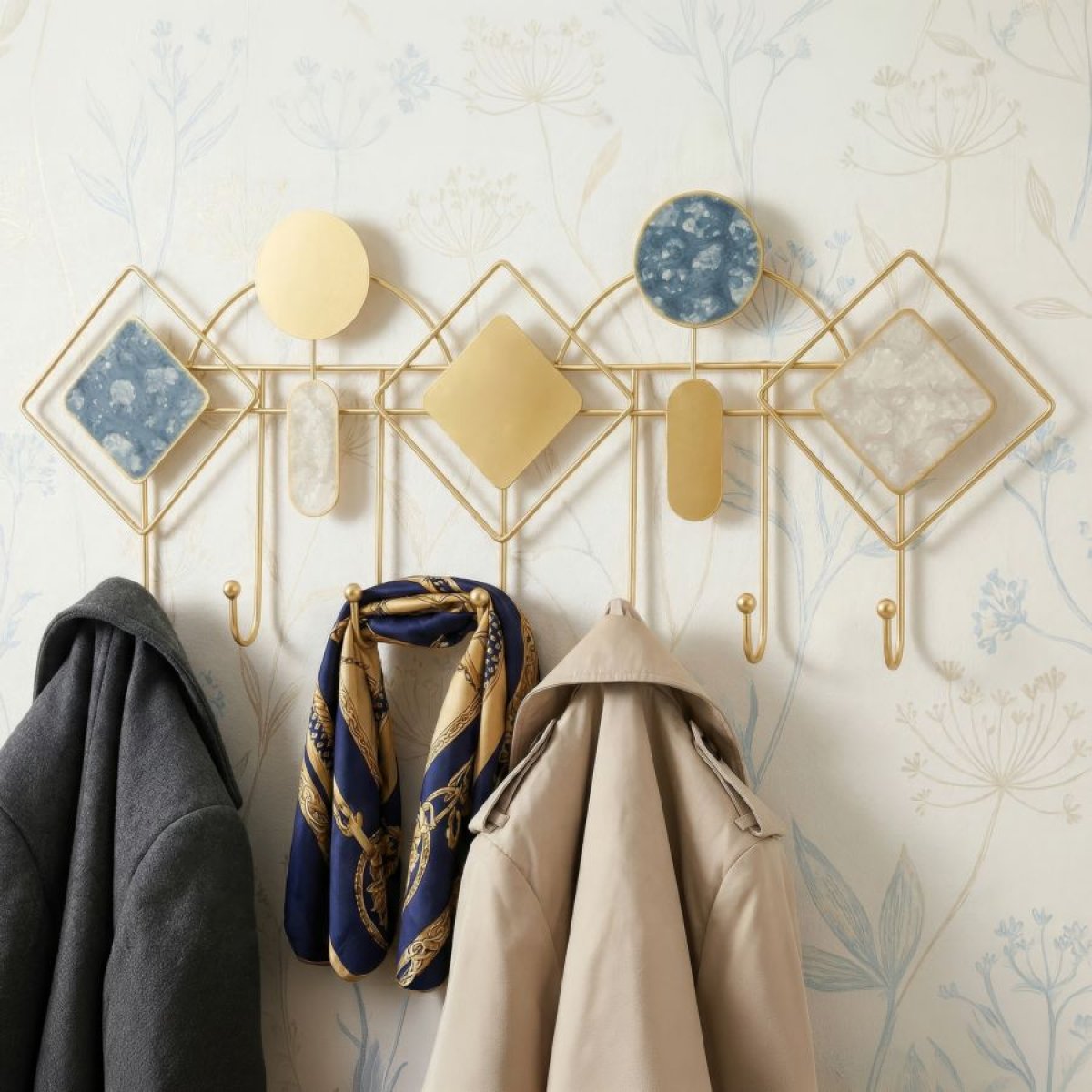 Porte-manteau mural 7 patères Sybille Doré et Bleu