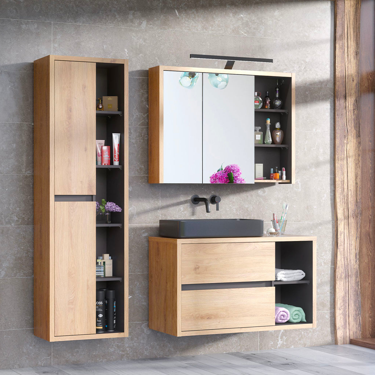 Ensemble meuble simple vasque 100cm et armoire murale Rigel Bois et Anthracite - vue 2