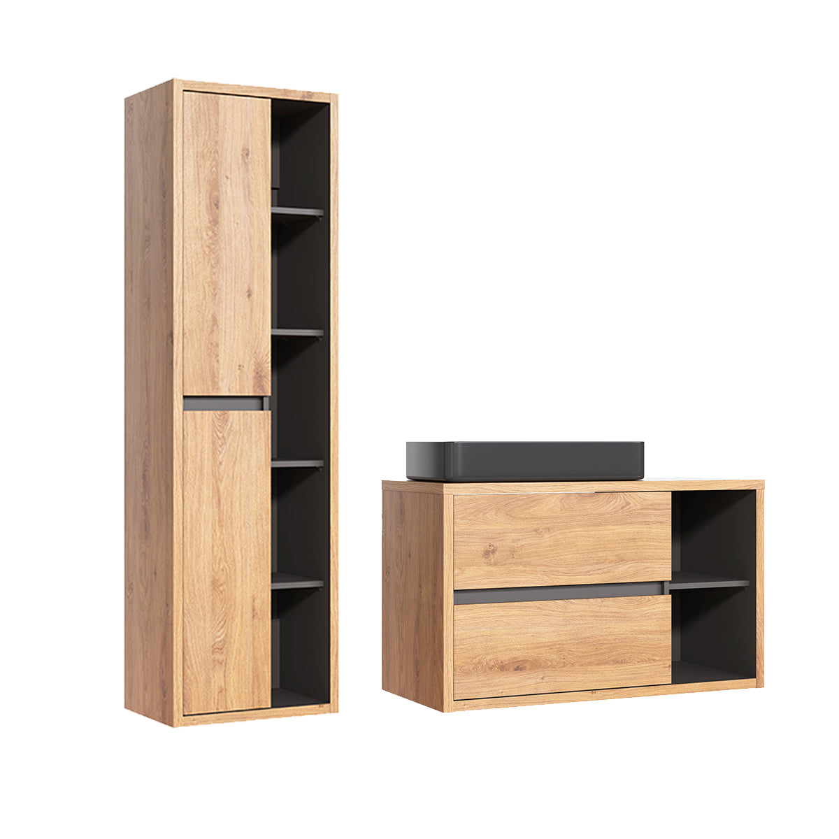 Ensemble meuble simple vasque 100cm et colonne Rigel Bois et Anthracite