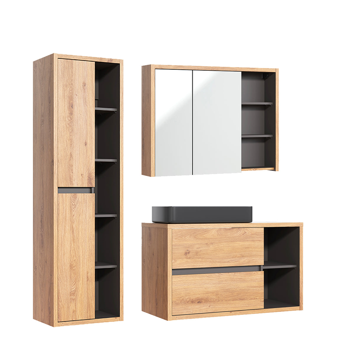 Ensemble meuble simple vasque 100cm colonne et armoire murale Rigel Bois et Anthracite