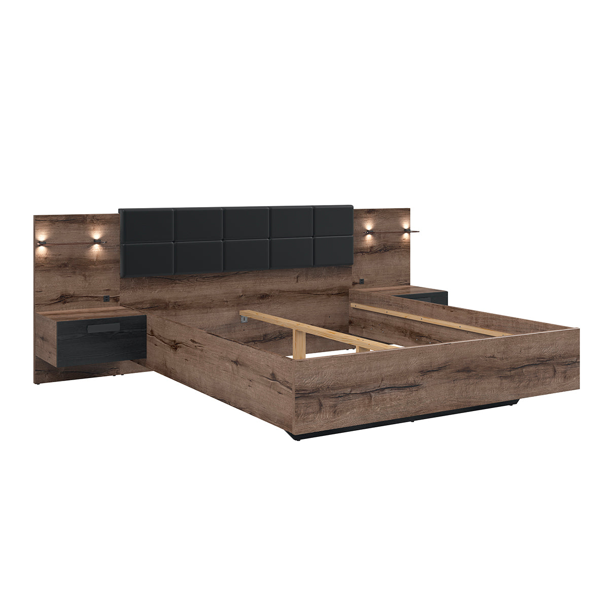 Lit 160x200 chevet LED et prise USB inclus Romane Bois - vue 3