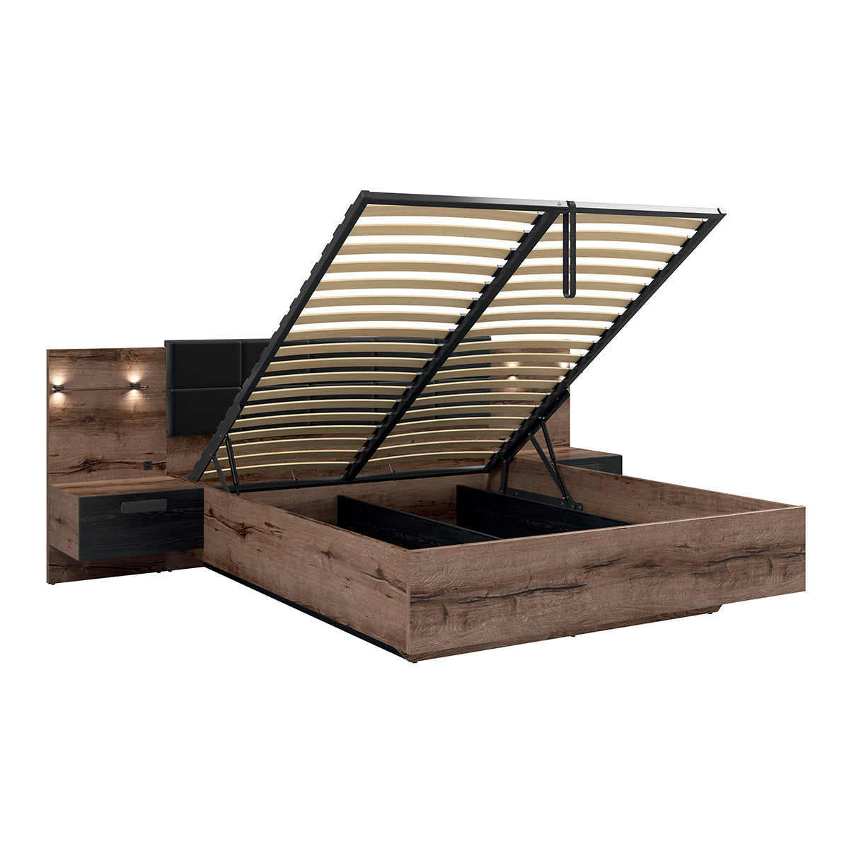 Lit coffre 160x200 sommier chevet LED et prise USB inclus Romane Bois