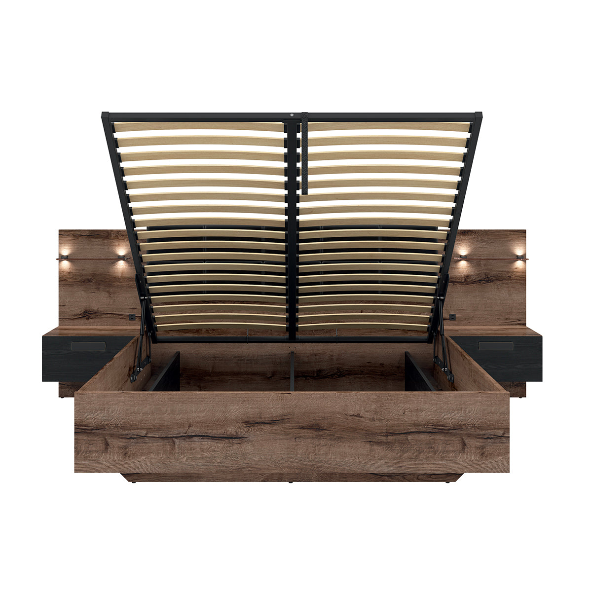Lit coffre 160x200 sommier chevet LED et prise USB inclus Romane Bois - vue 3