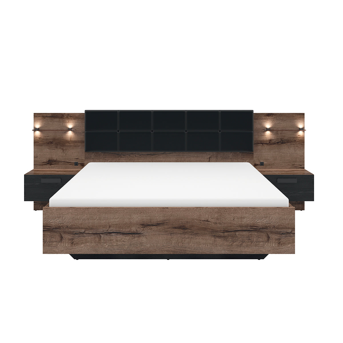 Lit coffre 160x200 sommier chevet LED et prise USB inclus Romane Bois - vue 2