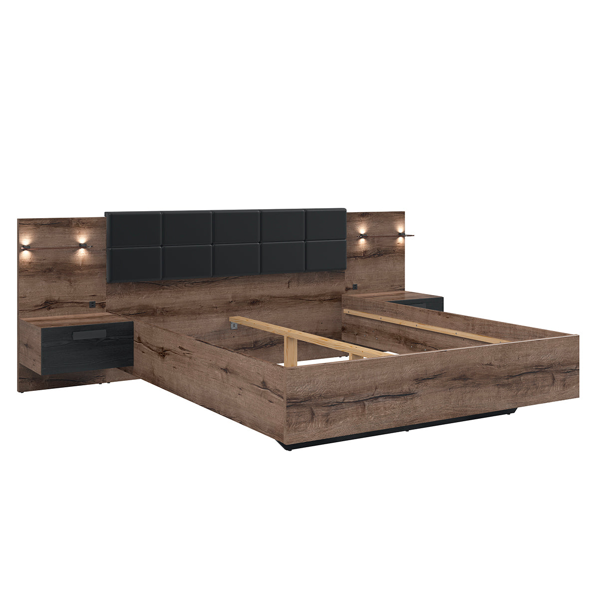 Lit 180x200 chevet LED et prise USB inclus Romane Bois - vue 3
