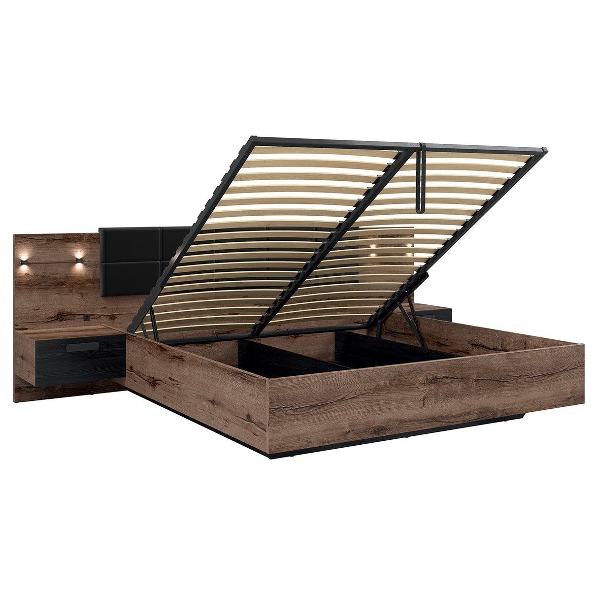 Lit coffre 180x200 sommier chevet LED et prise USB inclus Romane Bois