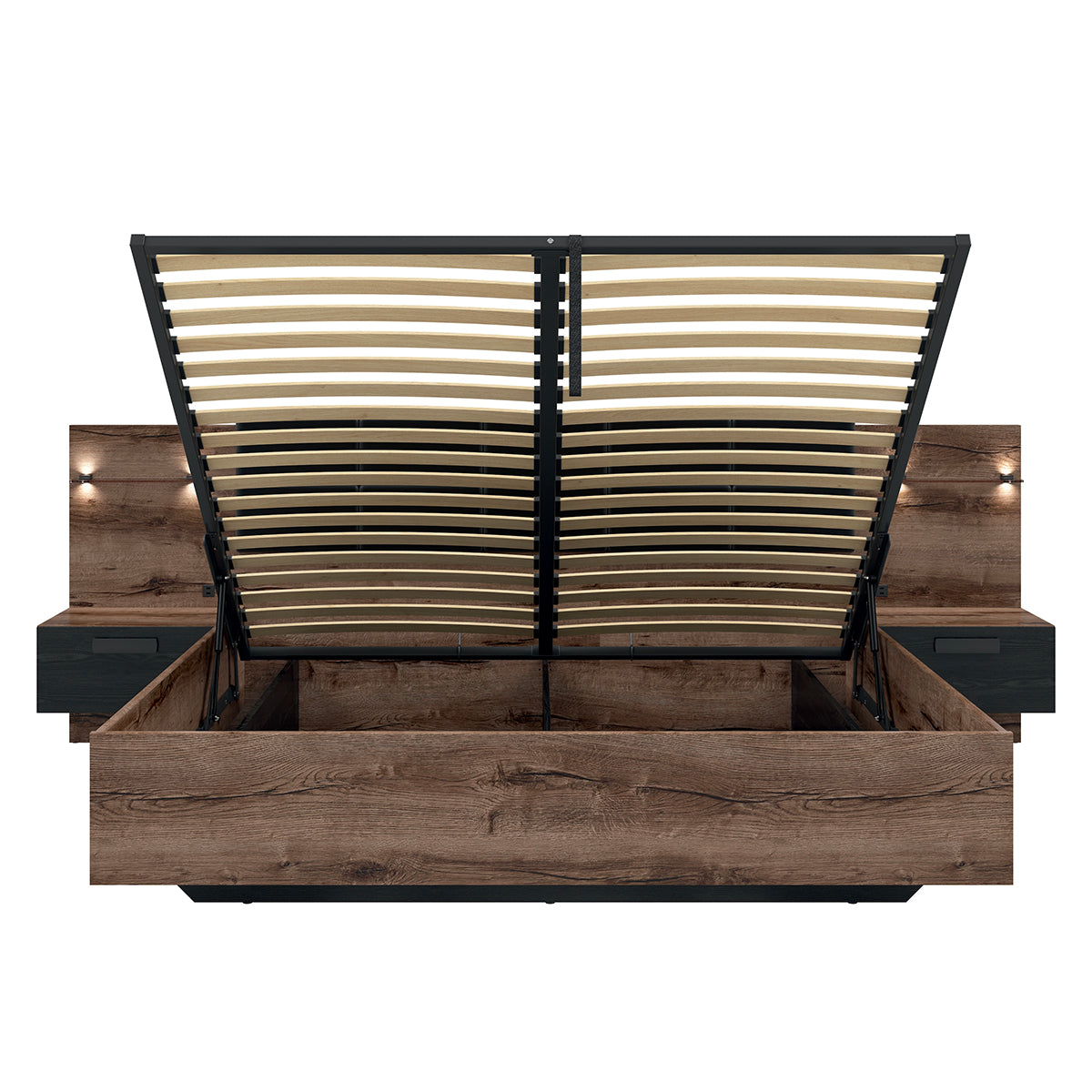 Lit coffre 180x200 sommier chevet LED et prise USB inclus Romane Bois - vue 3