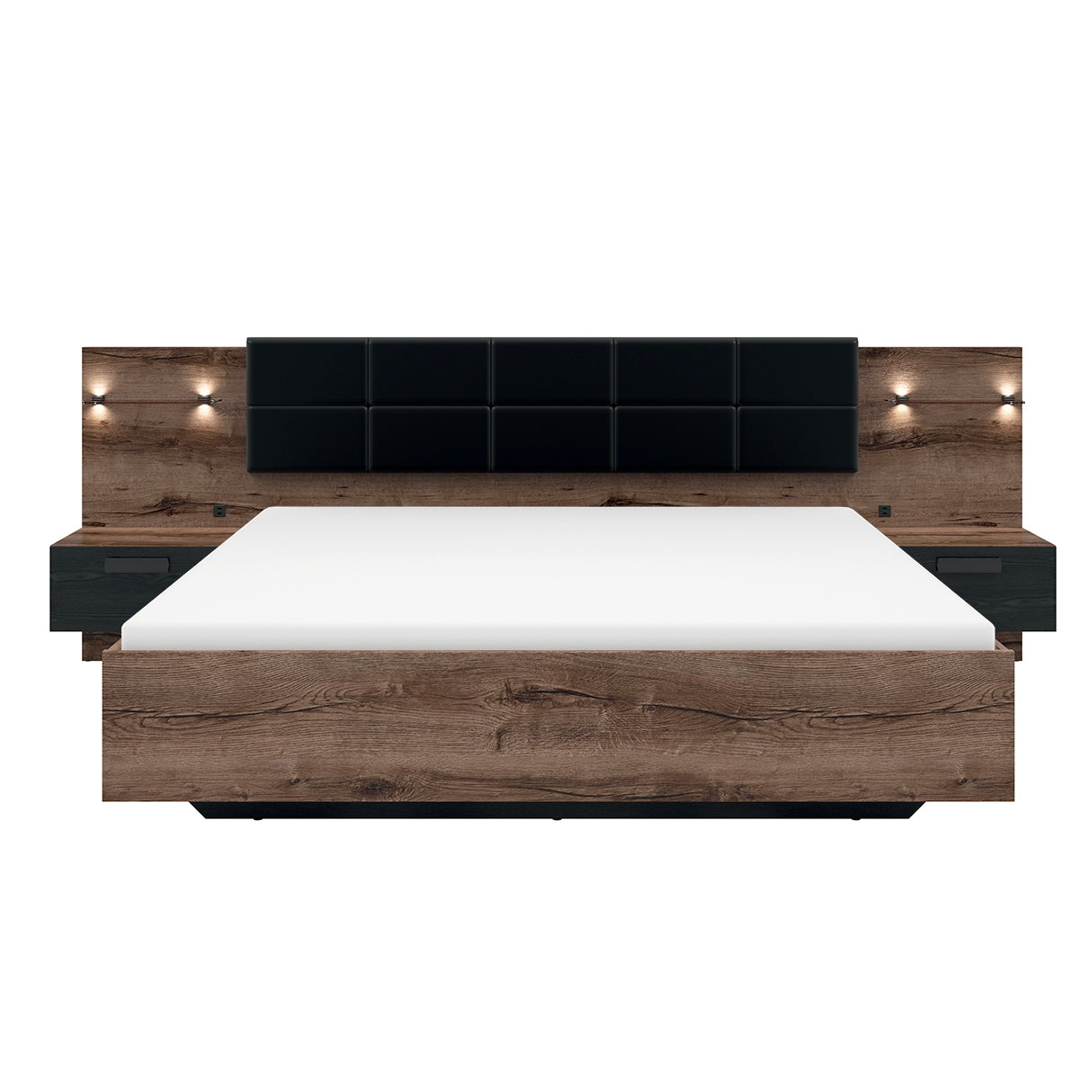 Lit coffre 180x200 sommier chevet LED et prise USB inclus Romane Bois - vue 2