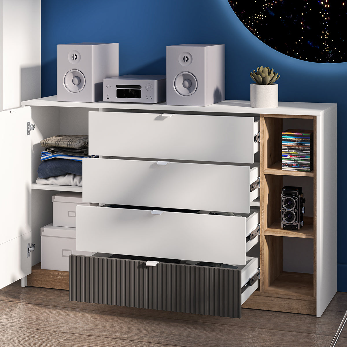 Buffet 1 porte 4 tiroirs Ronan Blanc - vue 4