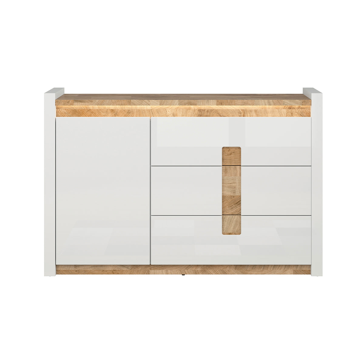 Buffet 1 porte 3 tiroirs avec LED Helios Blanc laqué et Bois - vue 2