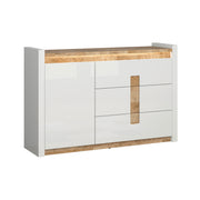 Buffet 1 porte 3 tiroirs avec LED Helios Blanc laqué et Bois
