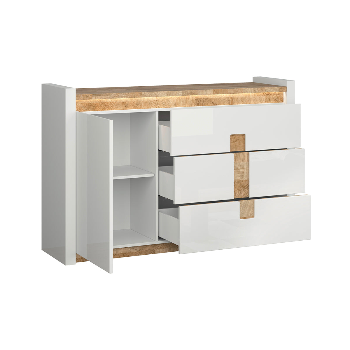Buffet 1 porte 3 tiroirs avec LED Helios Blanc laqué et Bois - vue 3