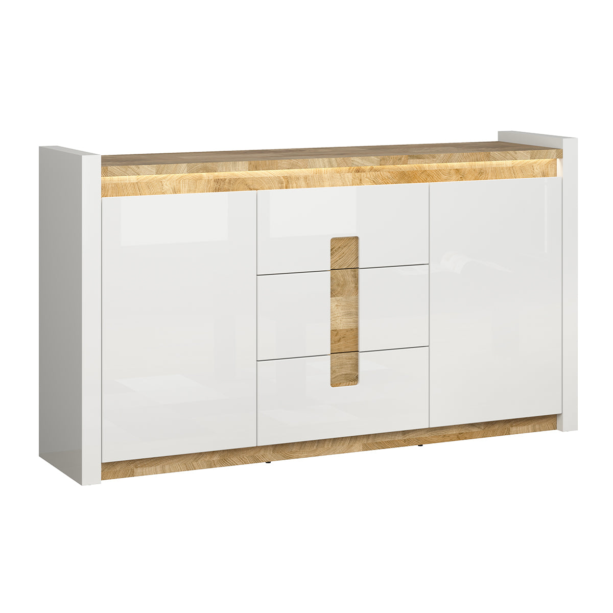 Buffet 2 portes 3 tiroirs avec LED Helios Blanc laqué et Bois