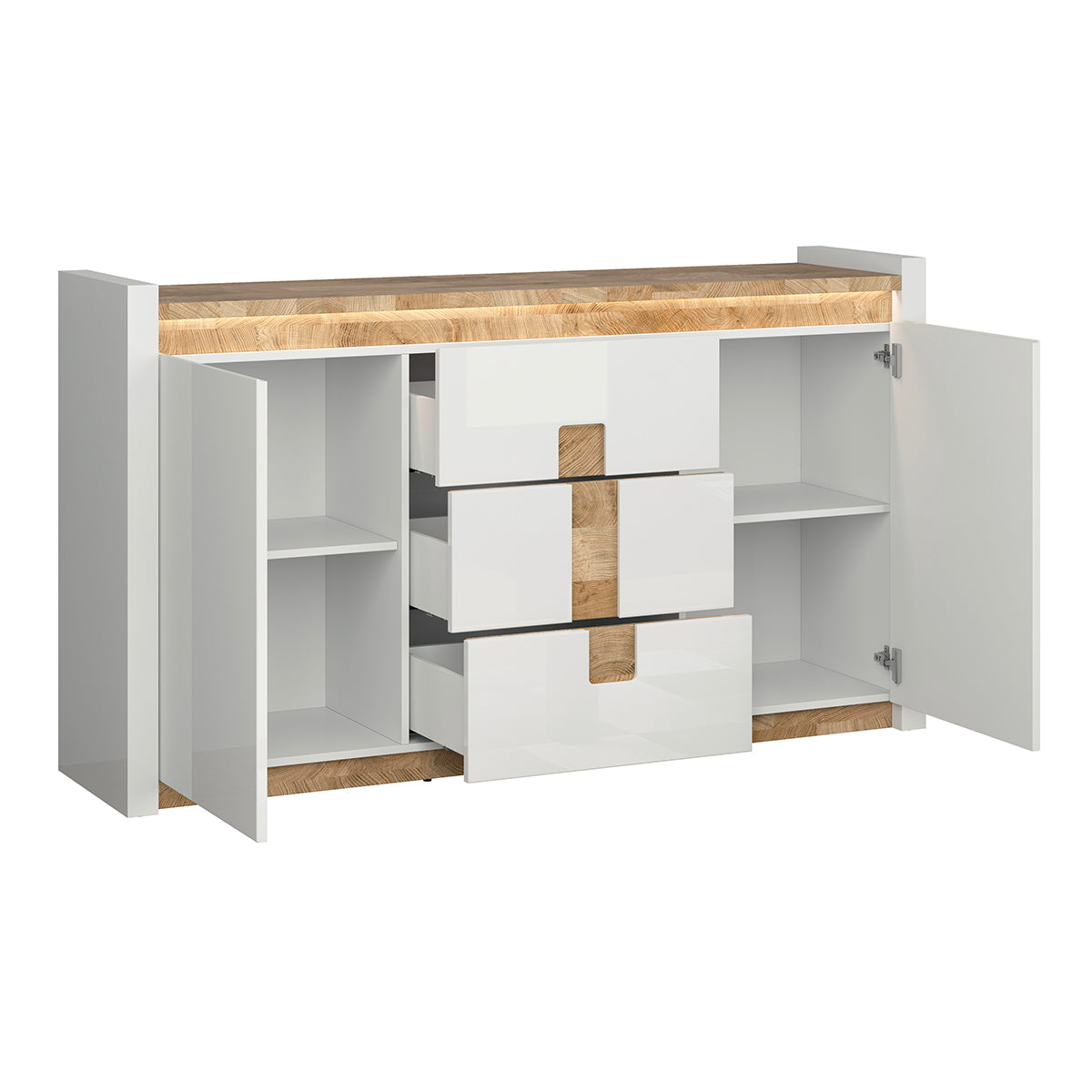 Buffet 2 portes 3 tiroirs avec LED Helios Blanc laqué et Bois - vue 3