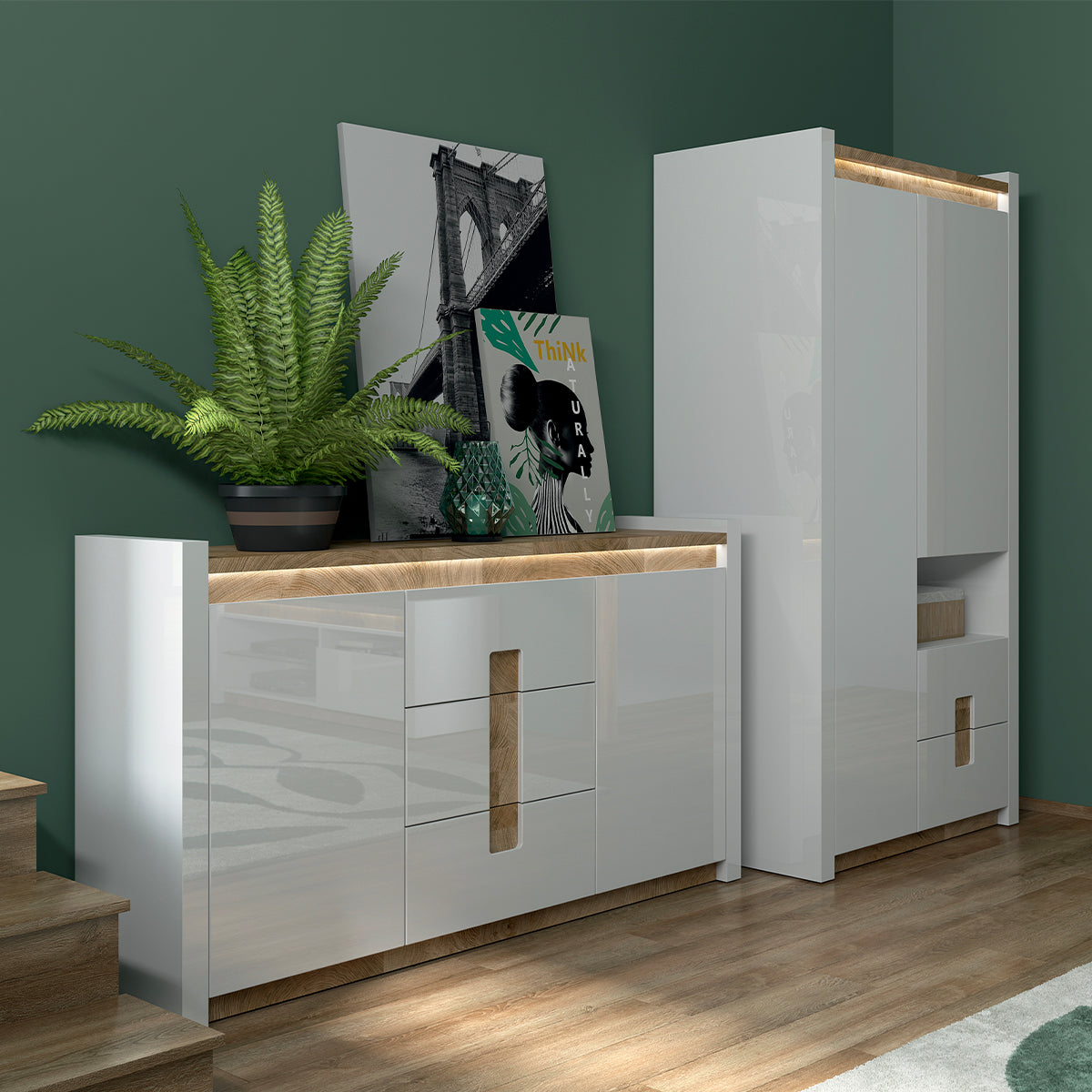 Buffet 2 portes 3 tiroirs avec LED Helios Blanc laqué et Bois - vue 5