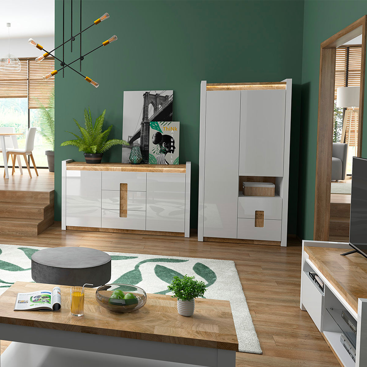 Buffet 2 portes 3 tiroirs avec LED Helios Blanc laqué et Bois - vue 6