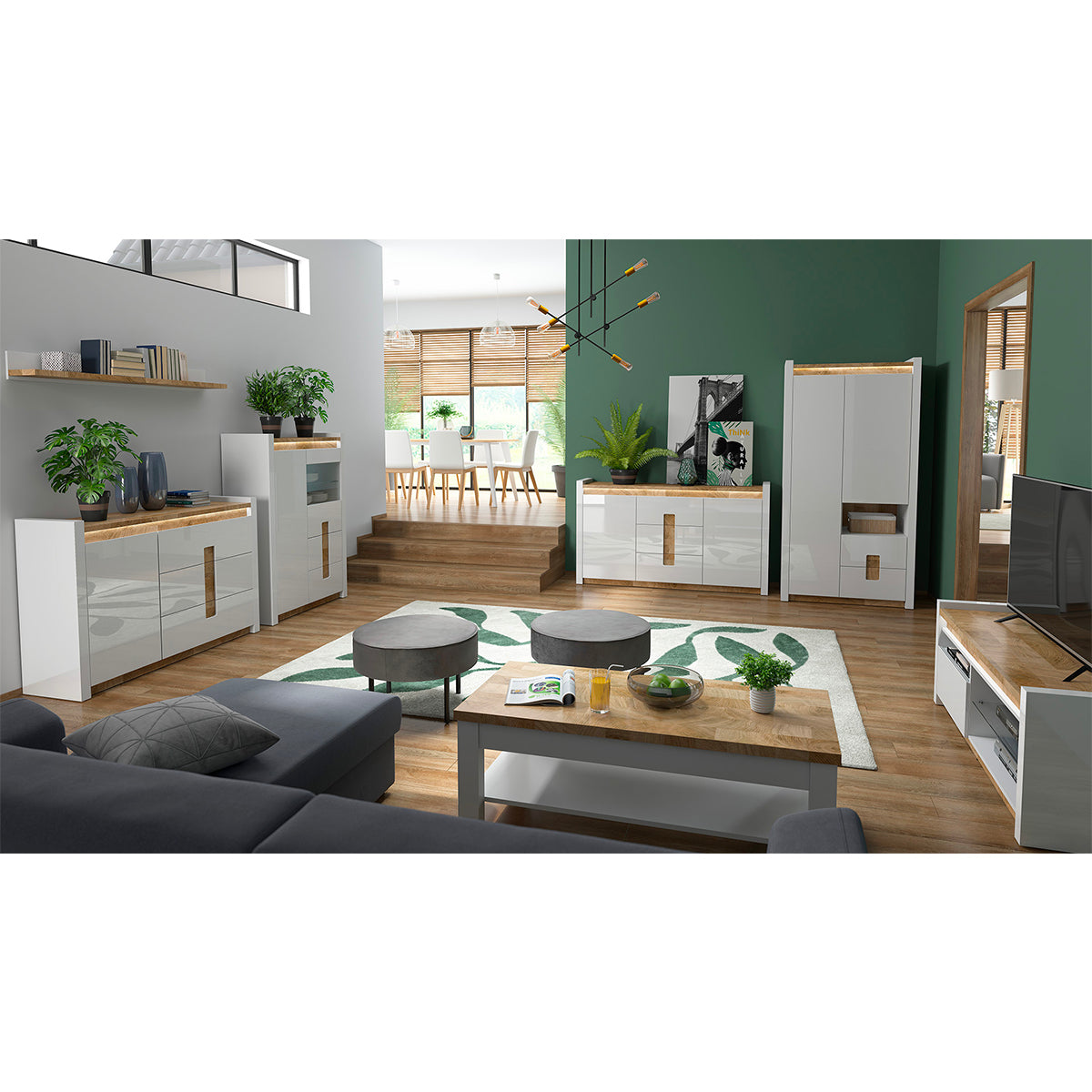 Buffet 2 portes 3 tiroirs avec LED Helios Blanc laqué et Bois - vue 7