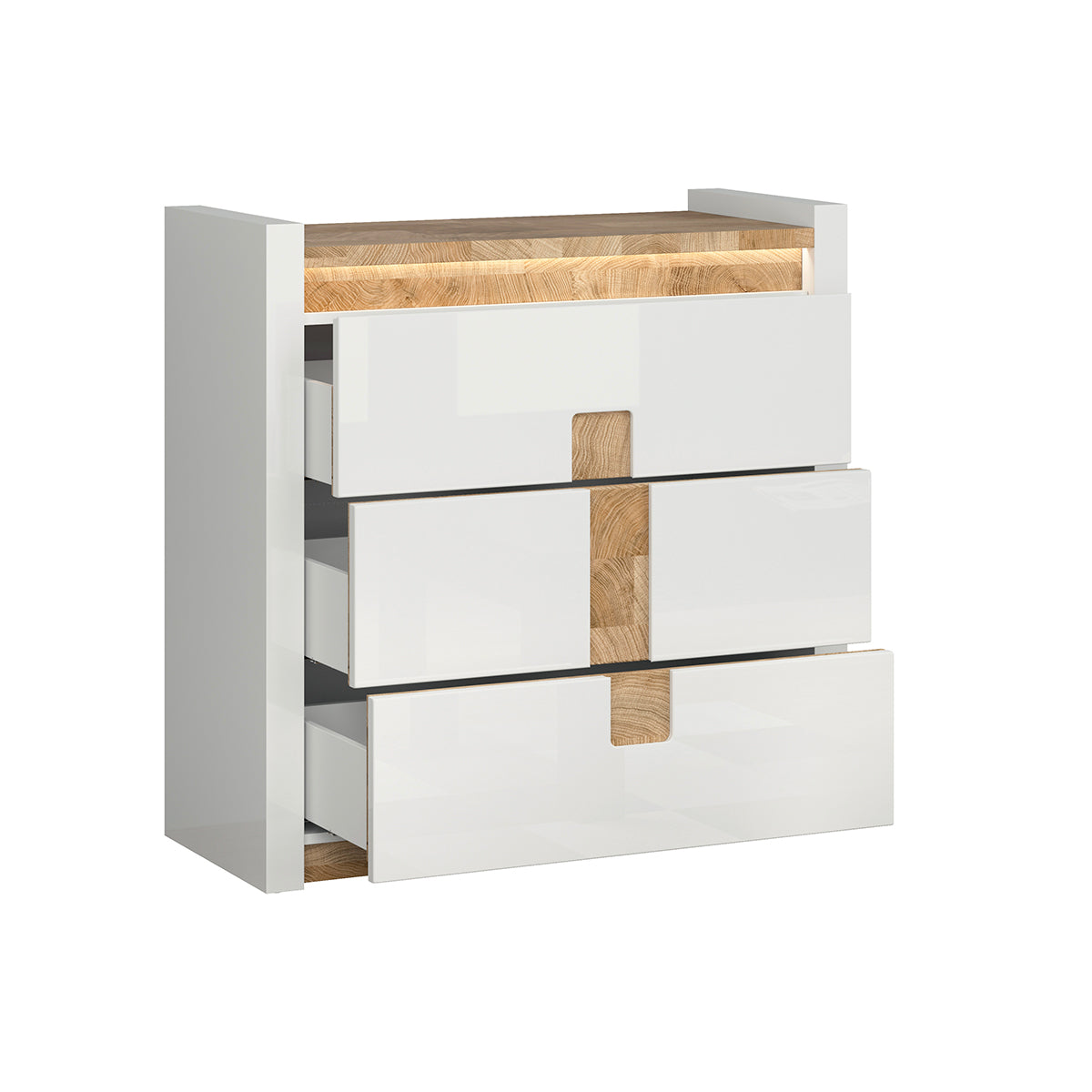 Commode 3 tiroirs avec LED Helios Blanc laqué et Bois - vue 3