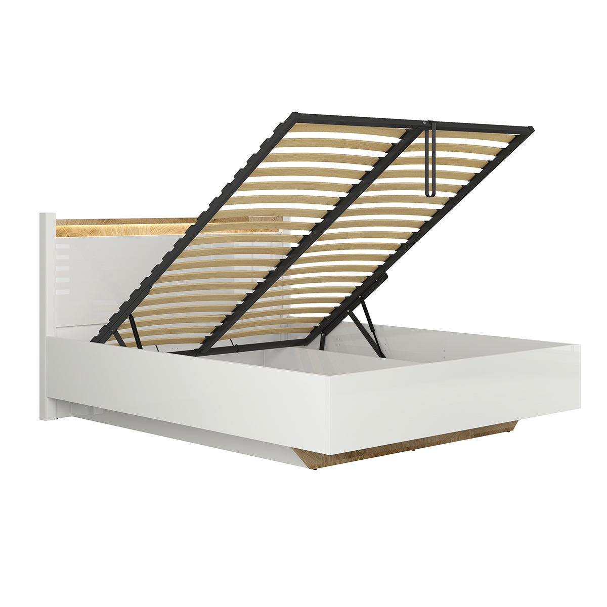 Lit coffre 140x200 sommier inclus avec LED Helios Blanc laqué et Bois