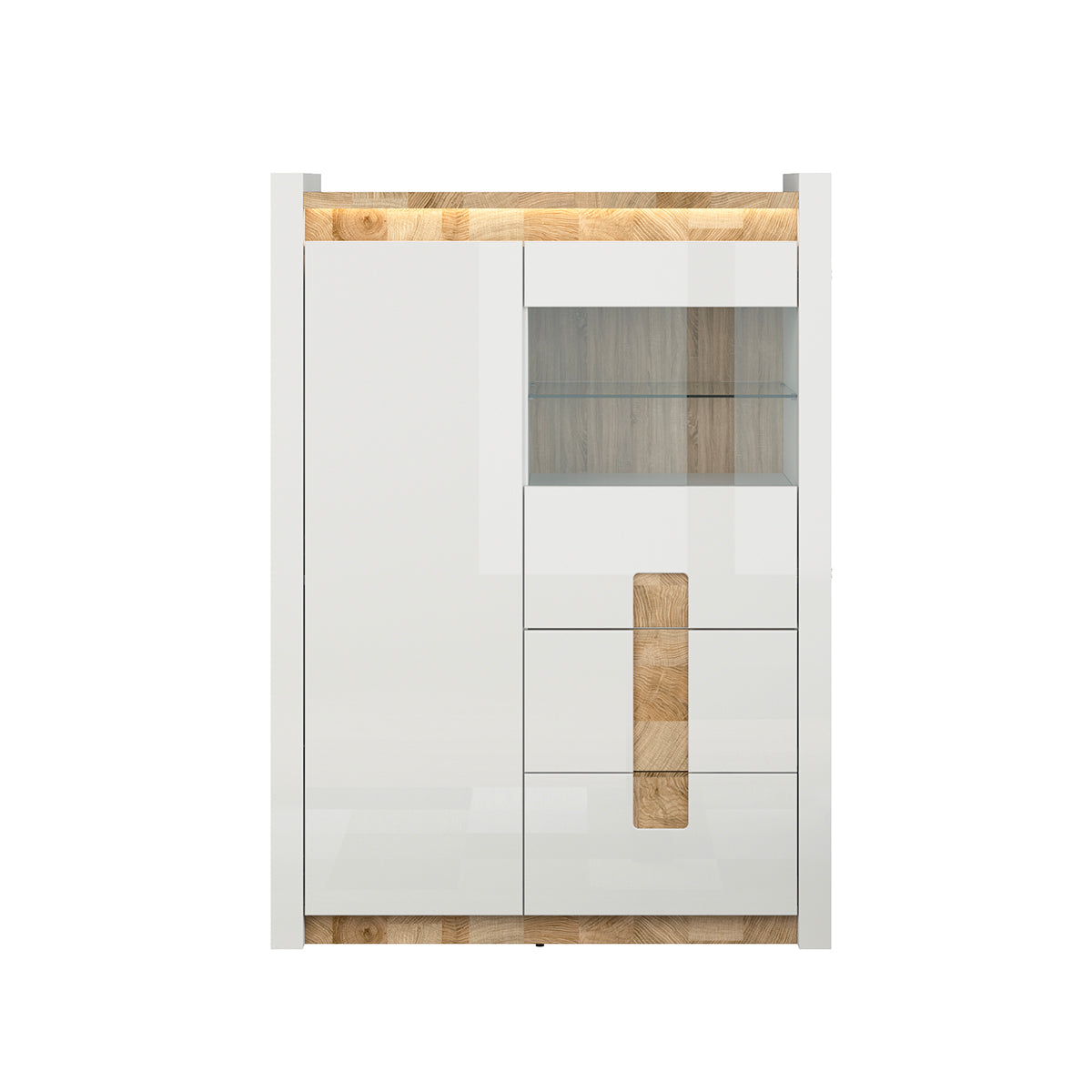 Vaisselier 2 portes 2 tiroirs avec LED Helios Blanc laqué et Bois - vue 2