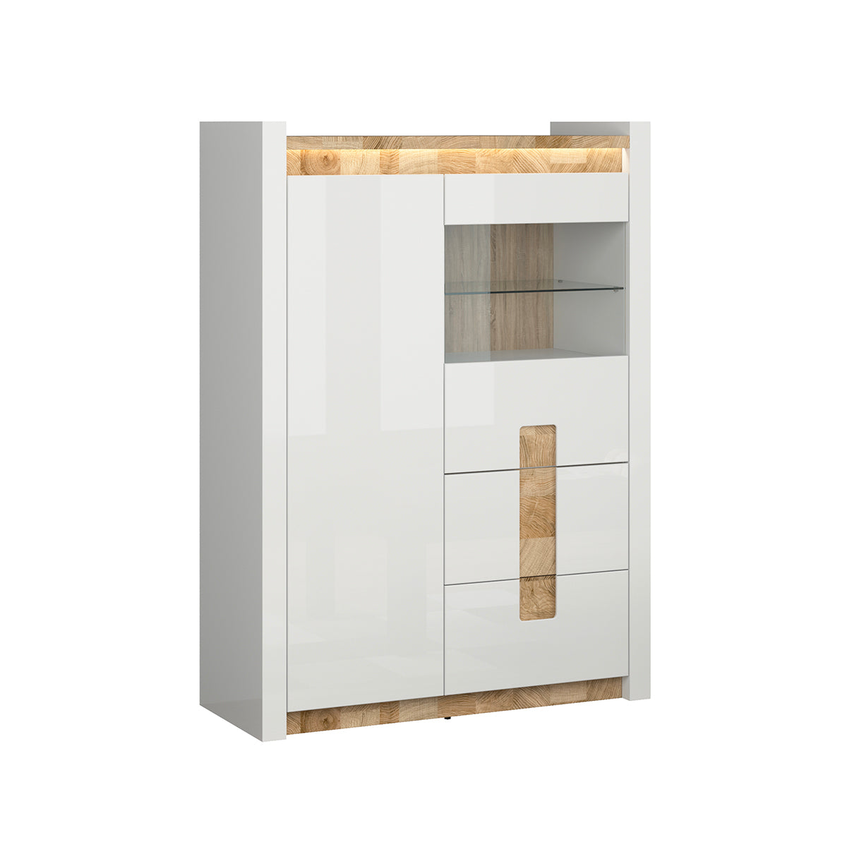Vaisselier 2 portes 2 tiroirs avec LED Helios Blanc laqué et Bois