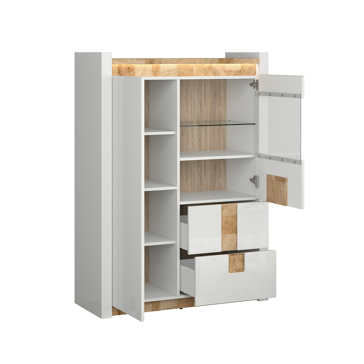 Vaisselier 2 portes 2 tiroirs avec LED Helios Blanc laqué et Bois - vue 3