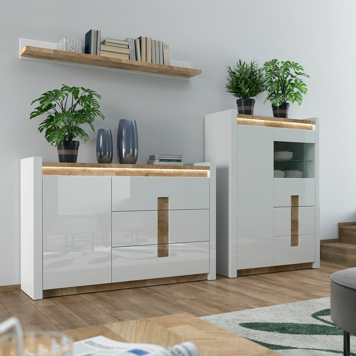 Vaisselier 2 portes 2 tiroirs avec LED Helios Blanc laqué et Bois - vue 4