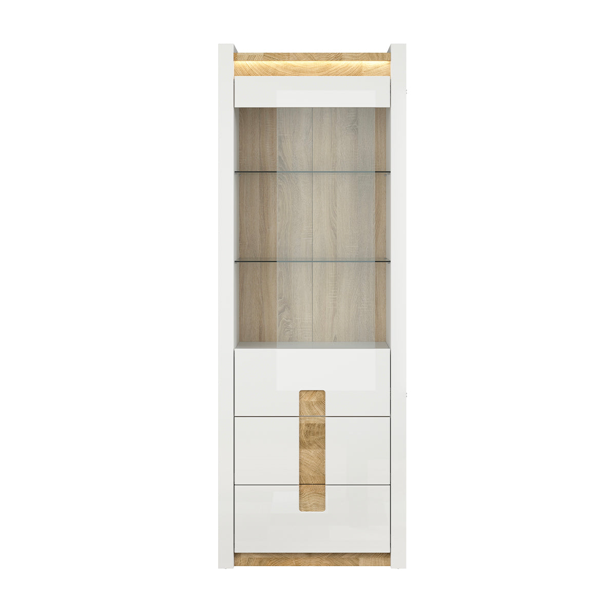 Vitrine 1 porte 2 tiroirs avec LED Helios Blanc laqué et Bois - vue 2