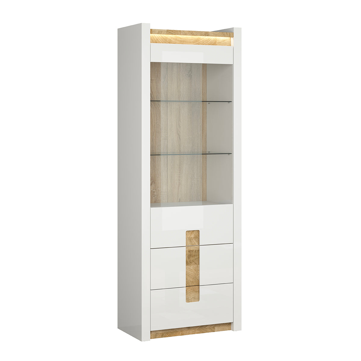 Vitrine 1 porte 2 tiroirs avec LED Helios Blanc laqué et Bois