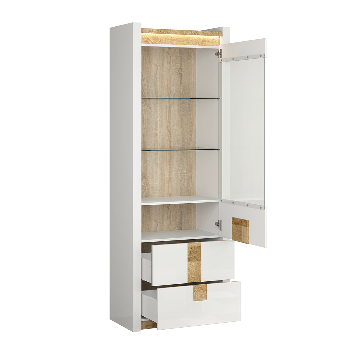 Vitrine 1 porte 2 tiroirs avec LED Helios Blanc laqué et Bois - vue 3
