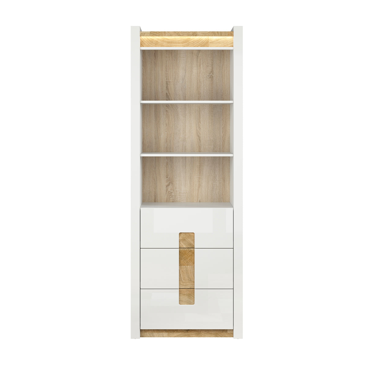 Bibliothèque 3 tiroirs avec LED Helios Blanc laqué et Bois - vue 2