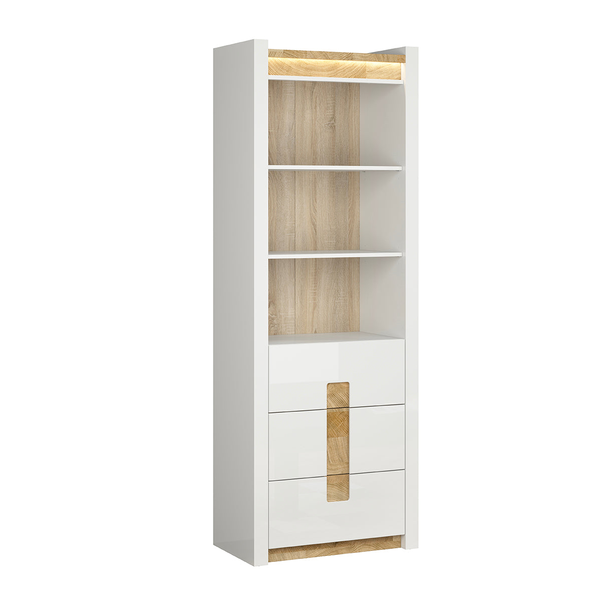 Bibliothèque 3 tiroirs avec LED Helios Blanc laqué et Bois