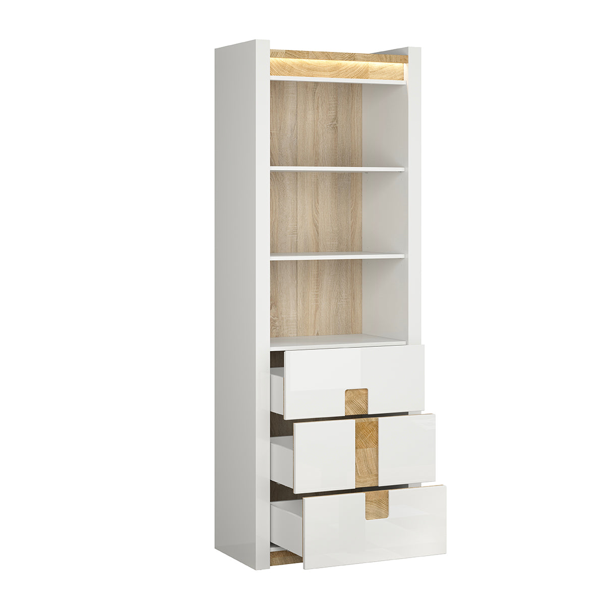 Bibliothèque 3 tiroirs avec LED Helios Blanc laqué et Bois - vue 3