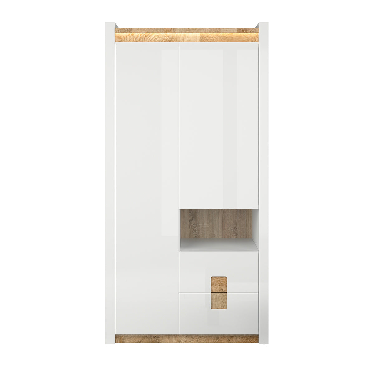 Armoire 2 portes 2 tiroirs 1 niche avec LED Helios Blanc laqué et Bois - vue 2