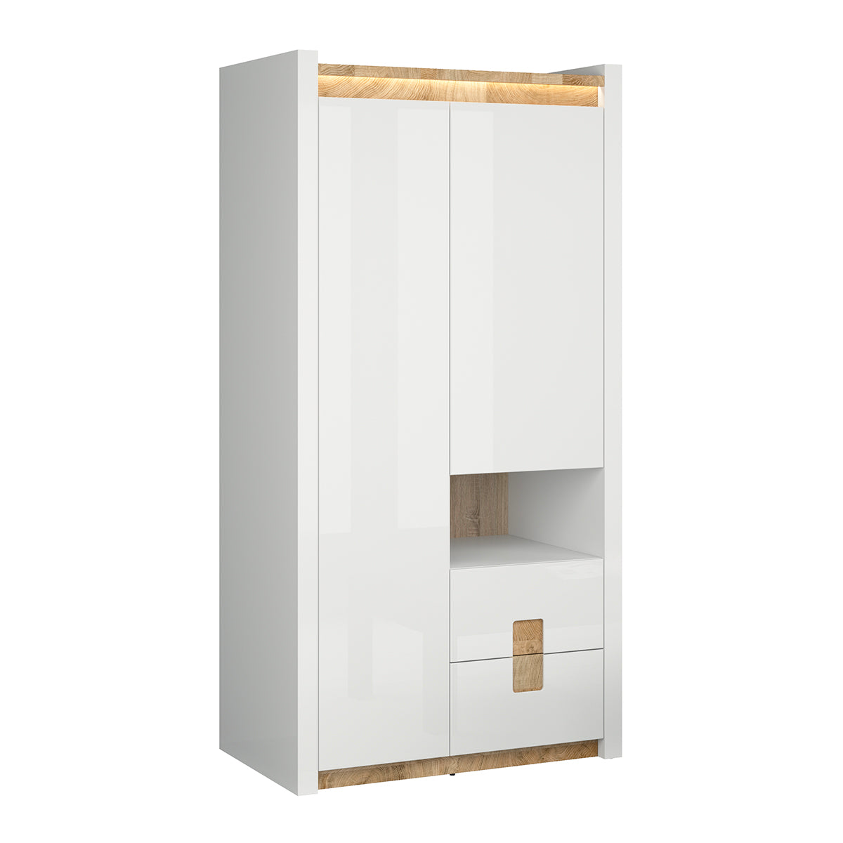 Armoire 2 portes 2 tiroirs 1 niche avec LED Helios Blanc laqué et Bois