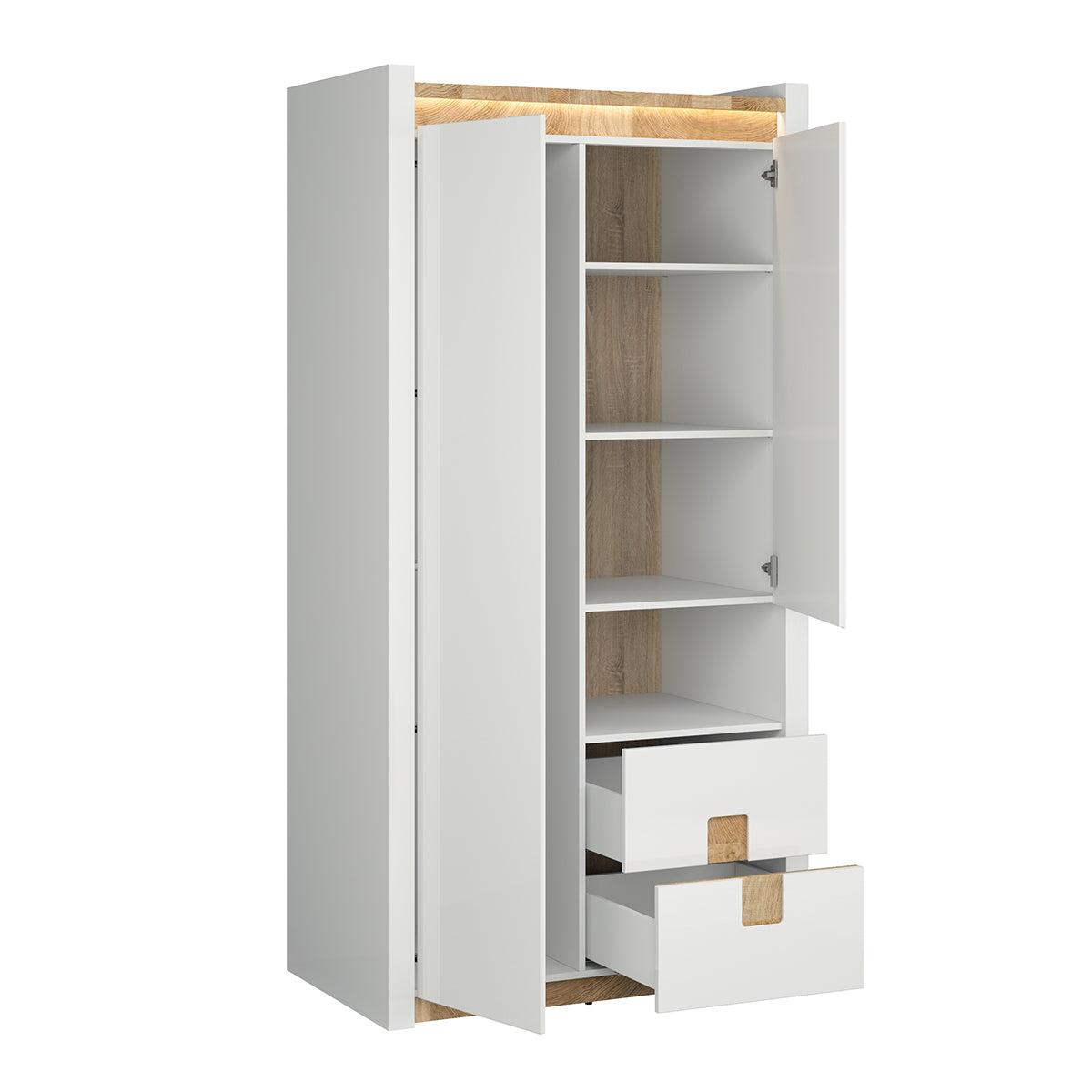 Armoire 2 portes 2 tiroirs 1 niche avec LED Helios Blanc laqué et Bois - vue 3