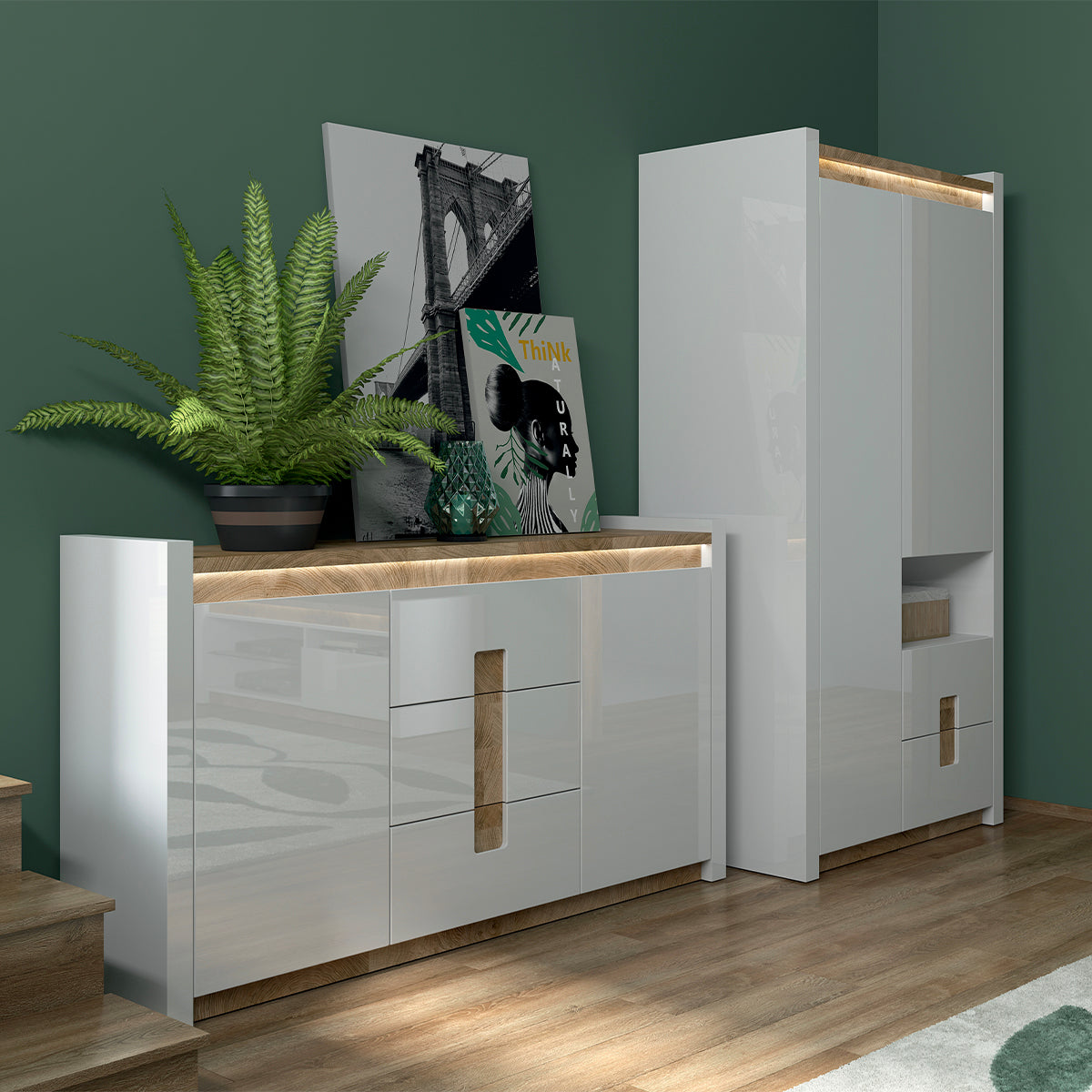 Armoire 2 portes 2 tiroirs 1 niche avec LED Helios Blanc laqué et Bois - vue 4