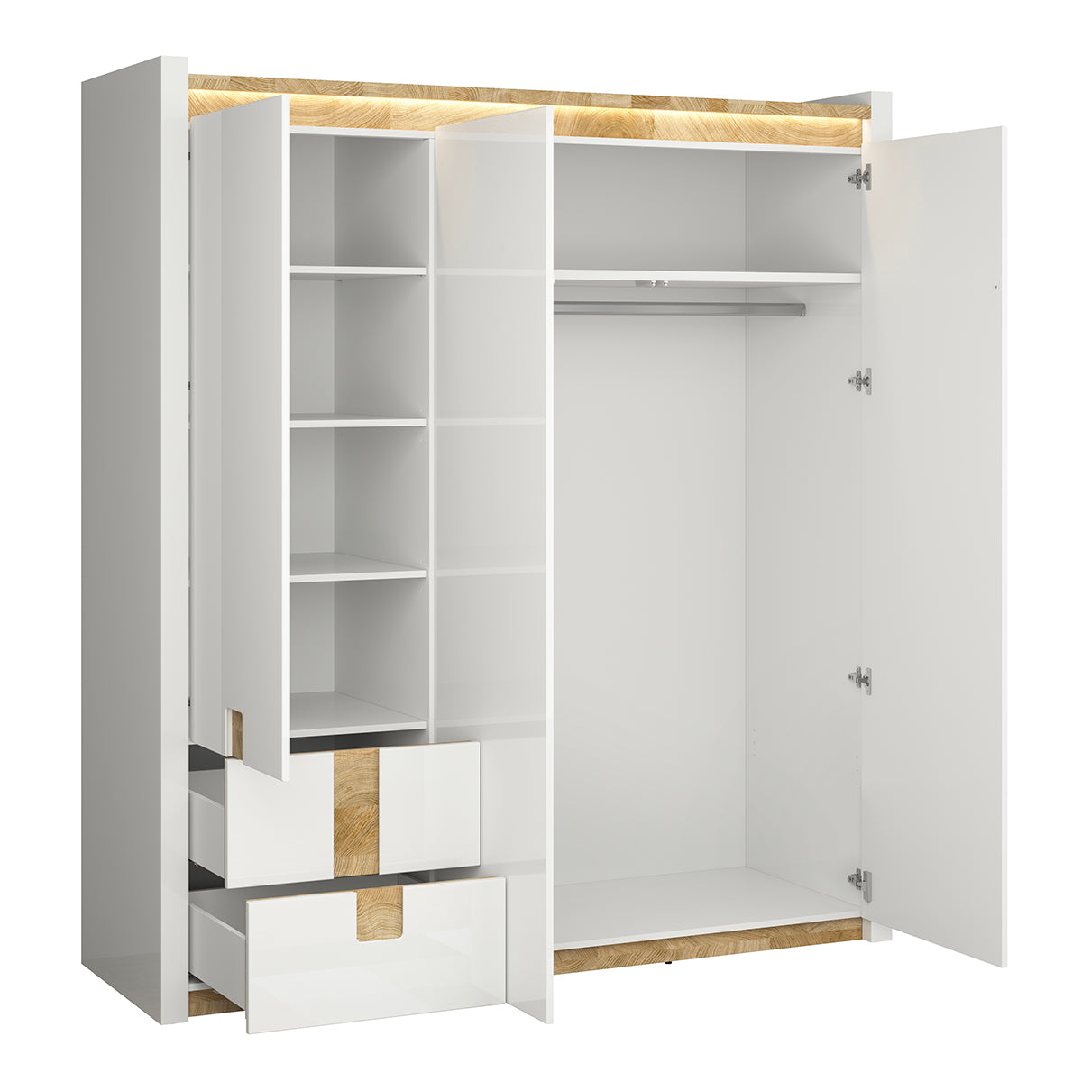 Armoire 3 portes avec LED Helios Blanc laqué et Bois - vue 3