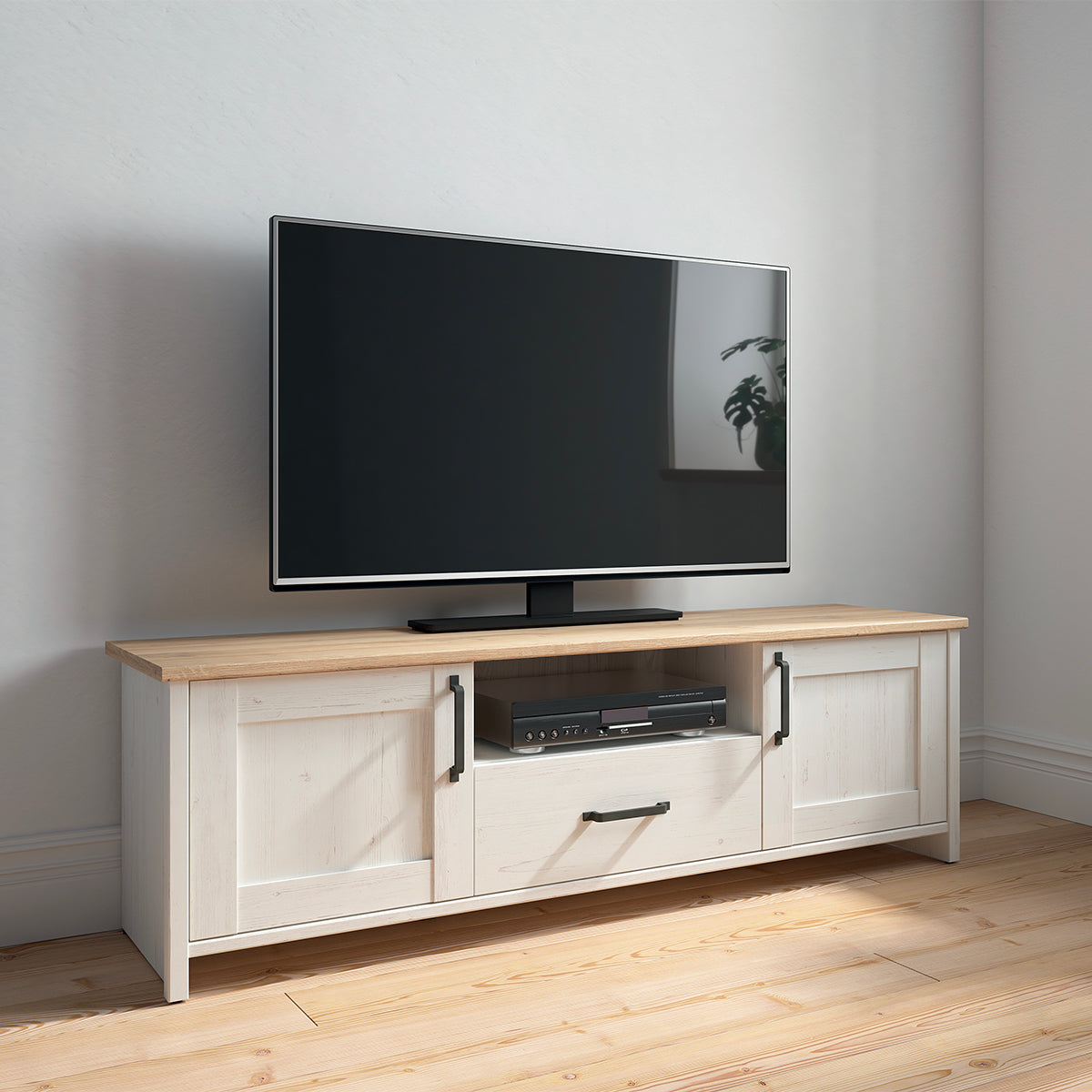 Meuble TV 2 portes 1 tiroir 160 cm Aksel Blanc et Bois - vue 4