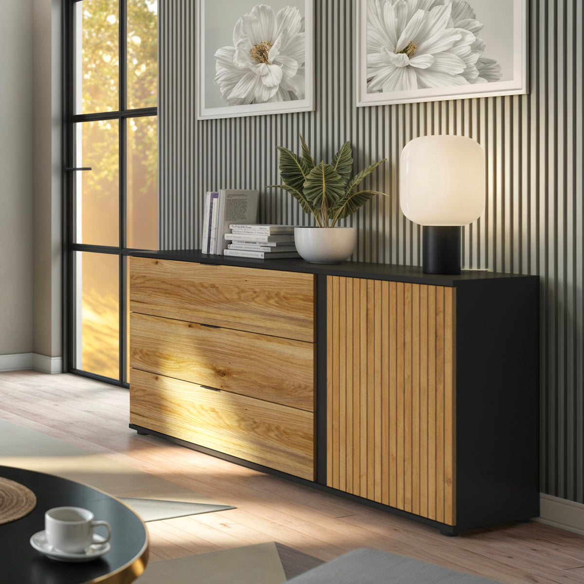 Buffet 3 tiroirs 1 porte Pia Noir et Bois - vue 4