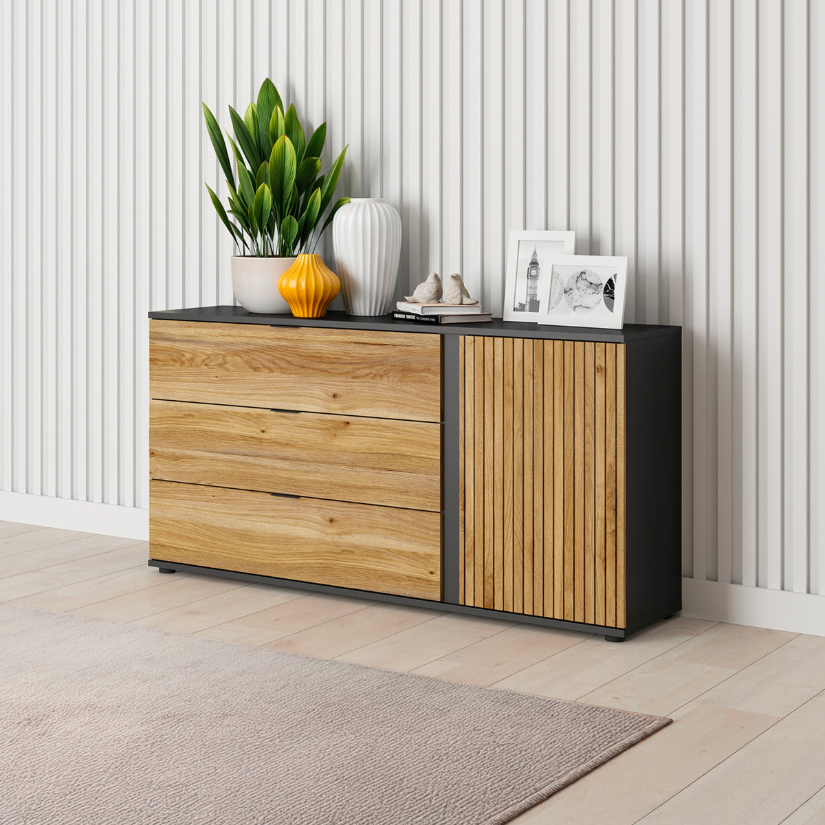 Buffet 3 tiroirs 1 porte Pia Noir et Bois - vue 6