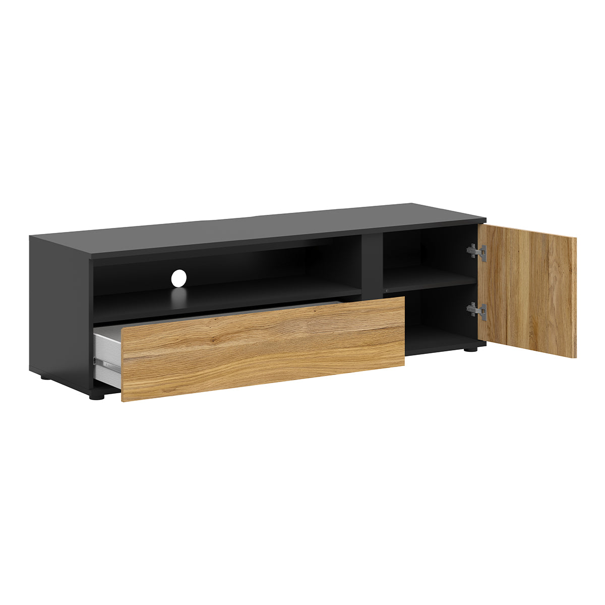 Meuble TV 1 porte 1 tiroir 155 cm Pia Noir et Bois - vue 2