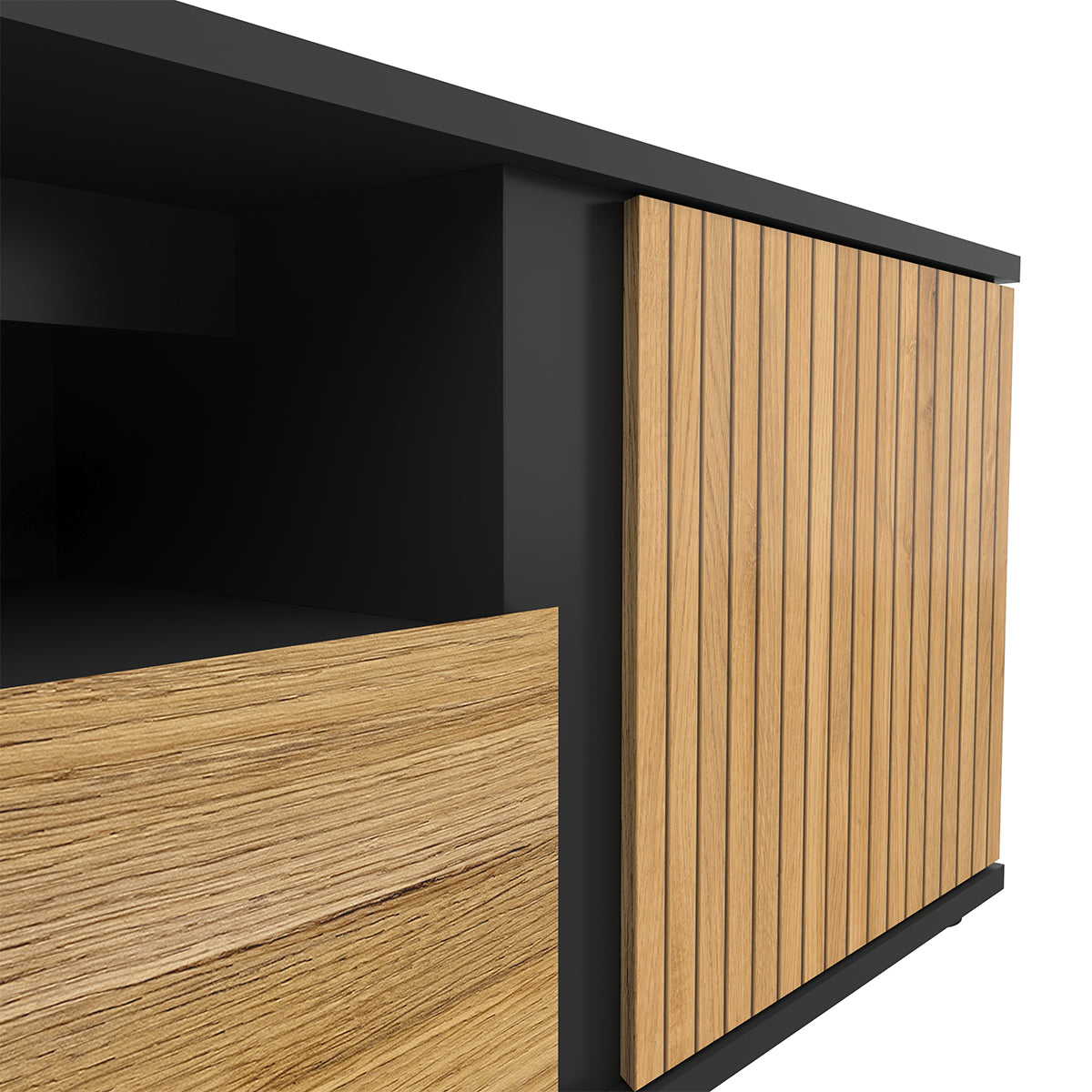 Meuble TV 1 porte 1 tiroir 155 cm Pia Noir et Bois - vue 3