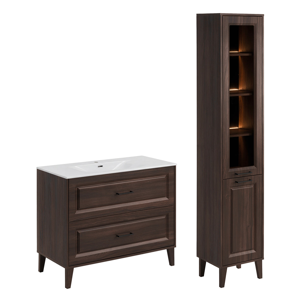 Ensemble meuble simple vasque encastrée 100cm et colonne Moka Bois foncé - vue 2