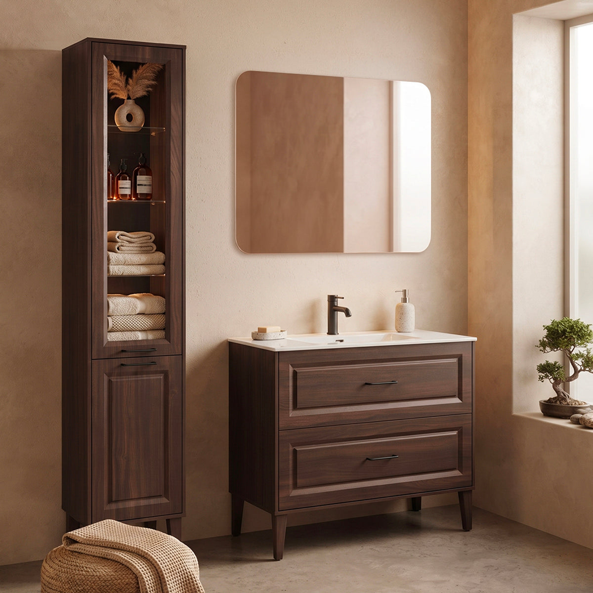 Ensemble meuble simple vasque encastrée 100cm et colonne Moka Bois foncé