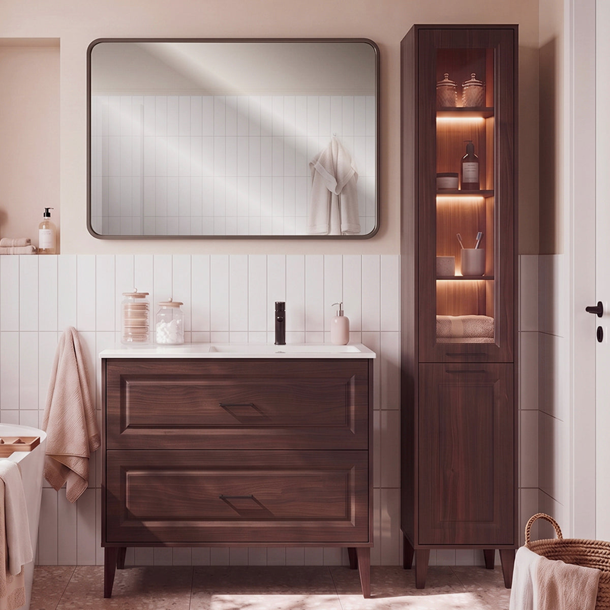 Ensemble meuble simple vasque encastrée droite 100cm et colonne Moka Bois foncé